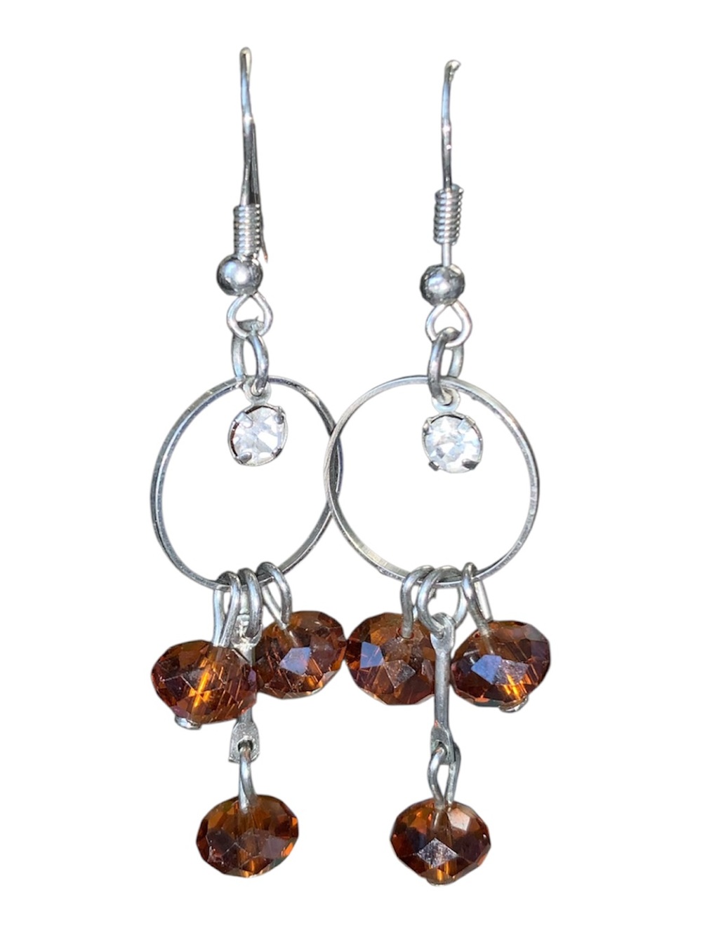 Vintage Silver Hoop Earrings with Amber Brown Crystal Dangles